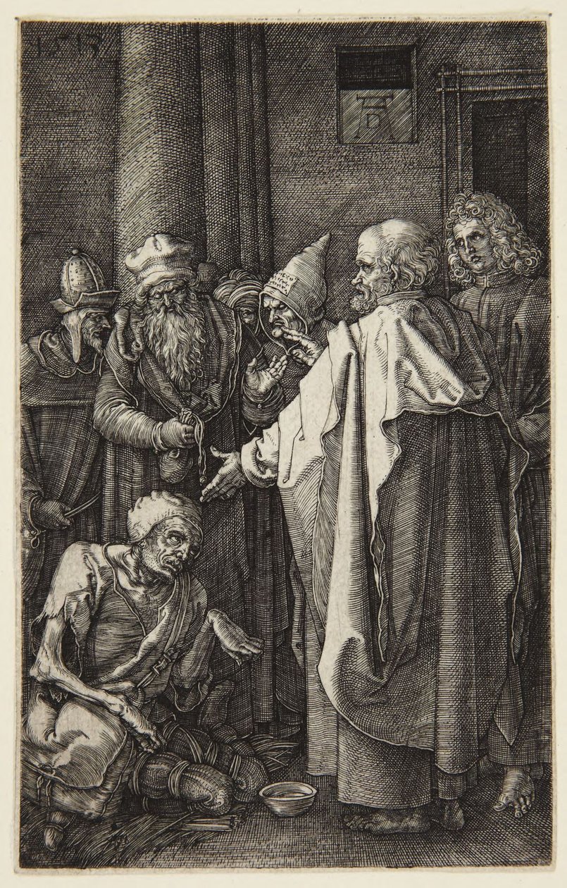 Sint-Petrus en Sint-Johannes genezen de verlamde man (serie ‘De Passie’ in gravure) door Albrecht Dürer