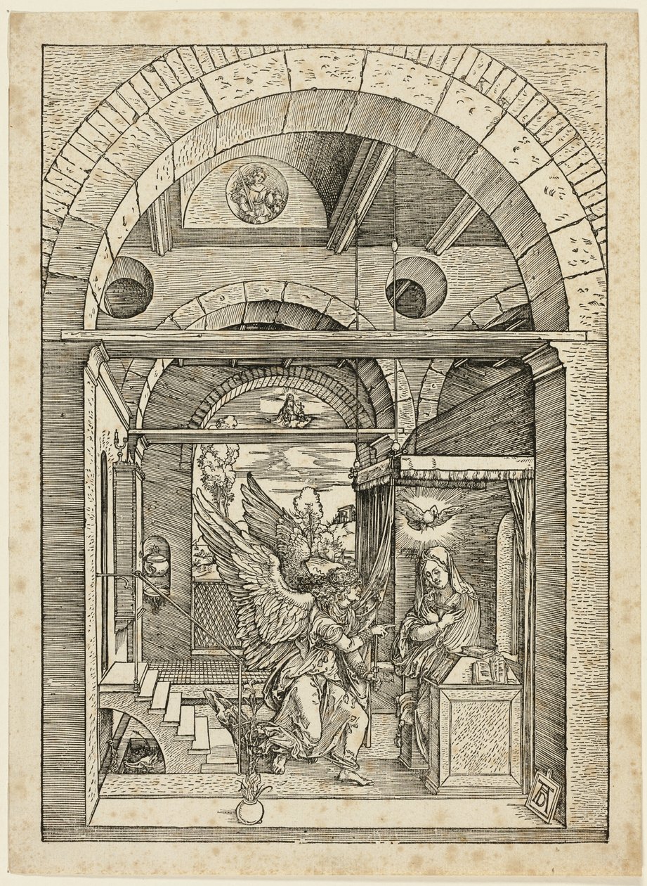 De annunciatie, uit Het leven van de Maagd door Albrecht Dürer