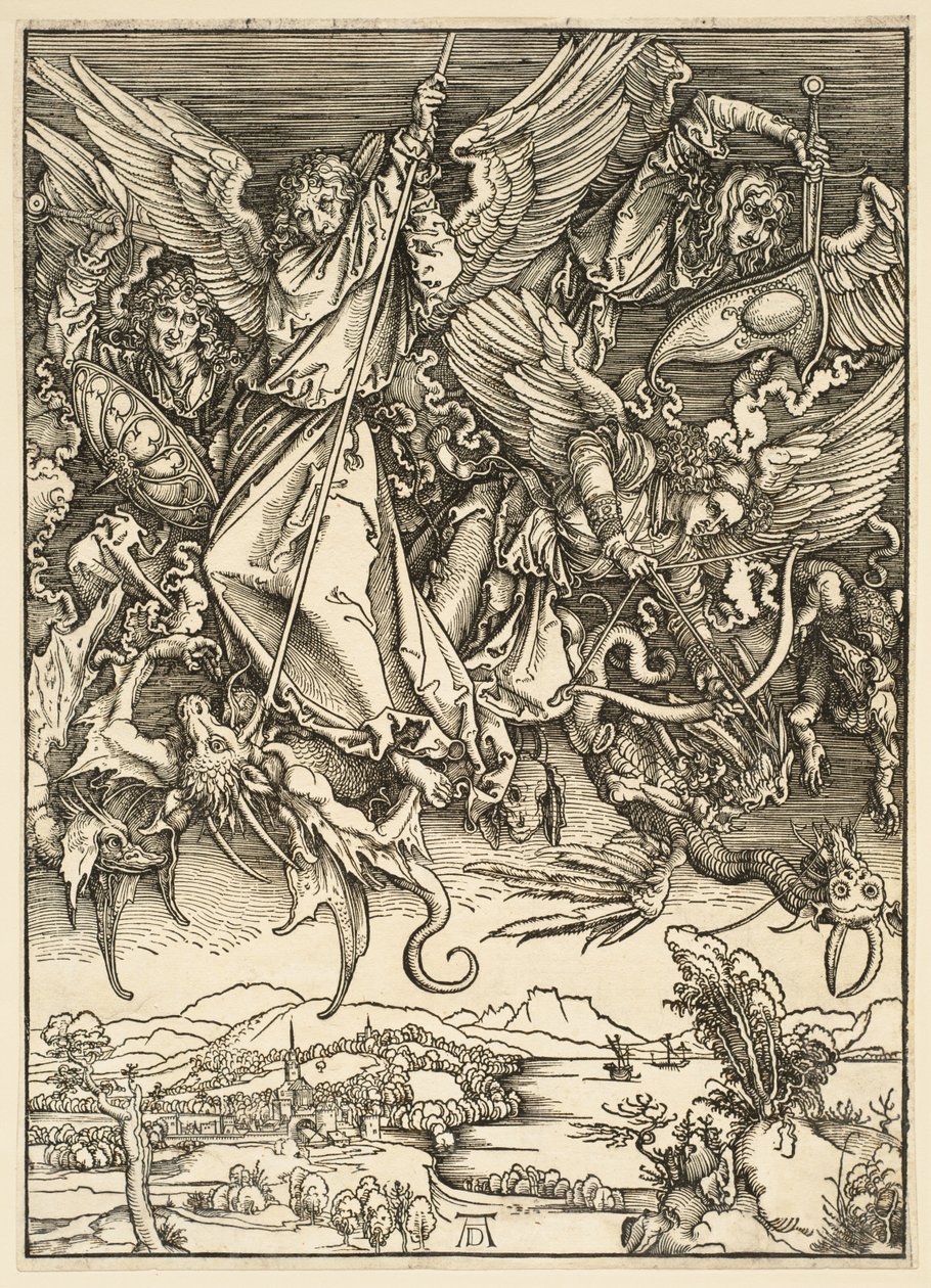 De Apocalyps: Sint-Michaël bestrijdt de draak door Albrecht Dürer
