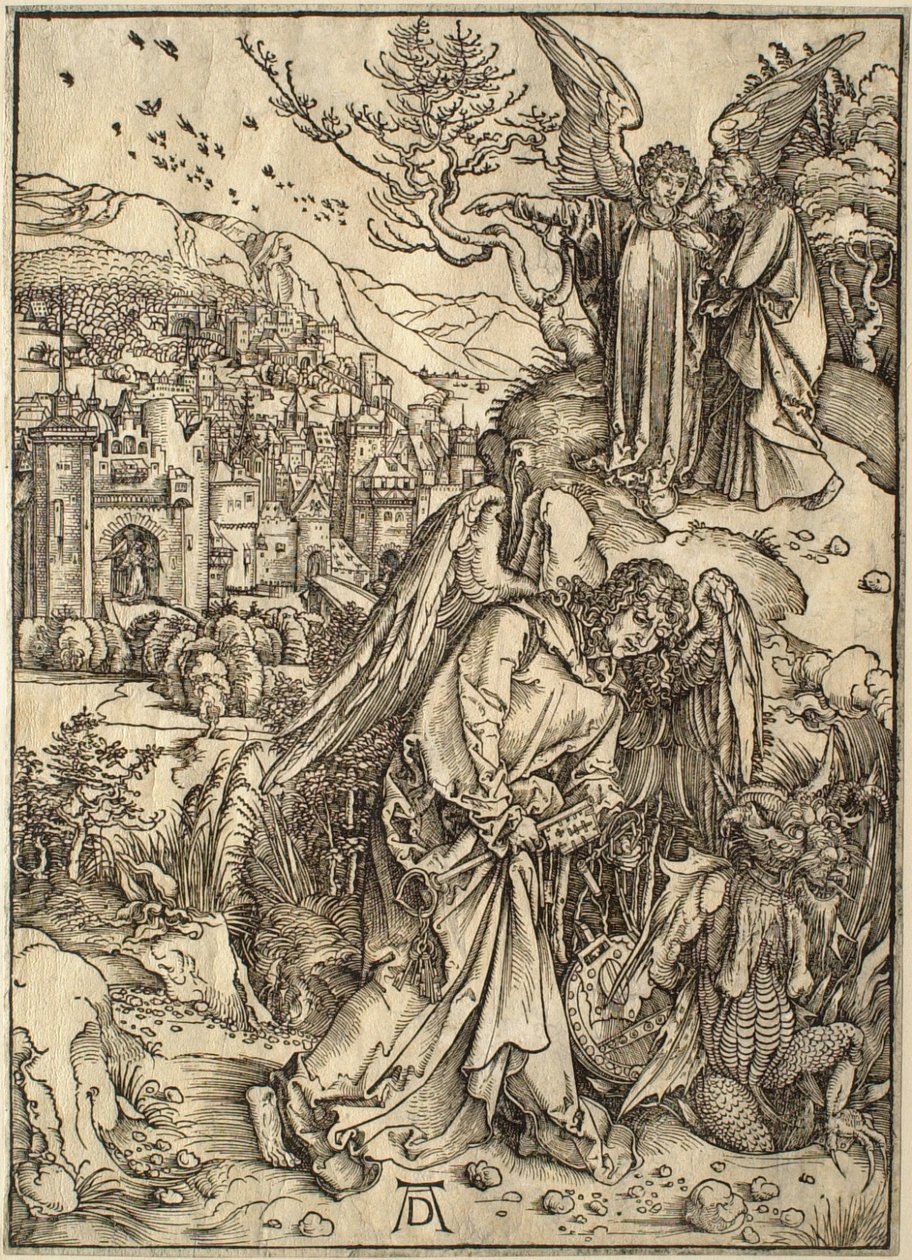 De Apocalyps: De engel met de sleutel van de bodemloze put door Albrecht Dürer