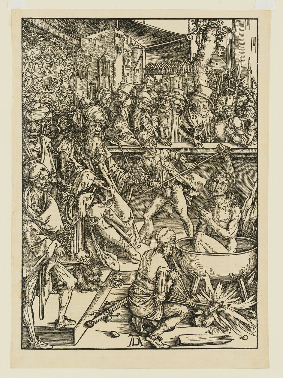 De poging tot martelaarschap van de heilige Johannes in een ketel met brandende olie, onder Domitianus door Albrecht Dürer
