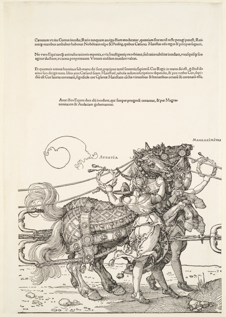De grote triomfwagen: Audatia en Magnanimitas door Albrecht Dürer