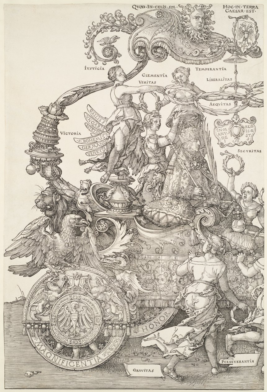 De grote triomfwagen: linker gedeelte van de wagen met de door Victoria gekroonde keizer door Albrecht Dürer