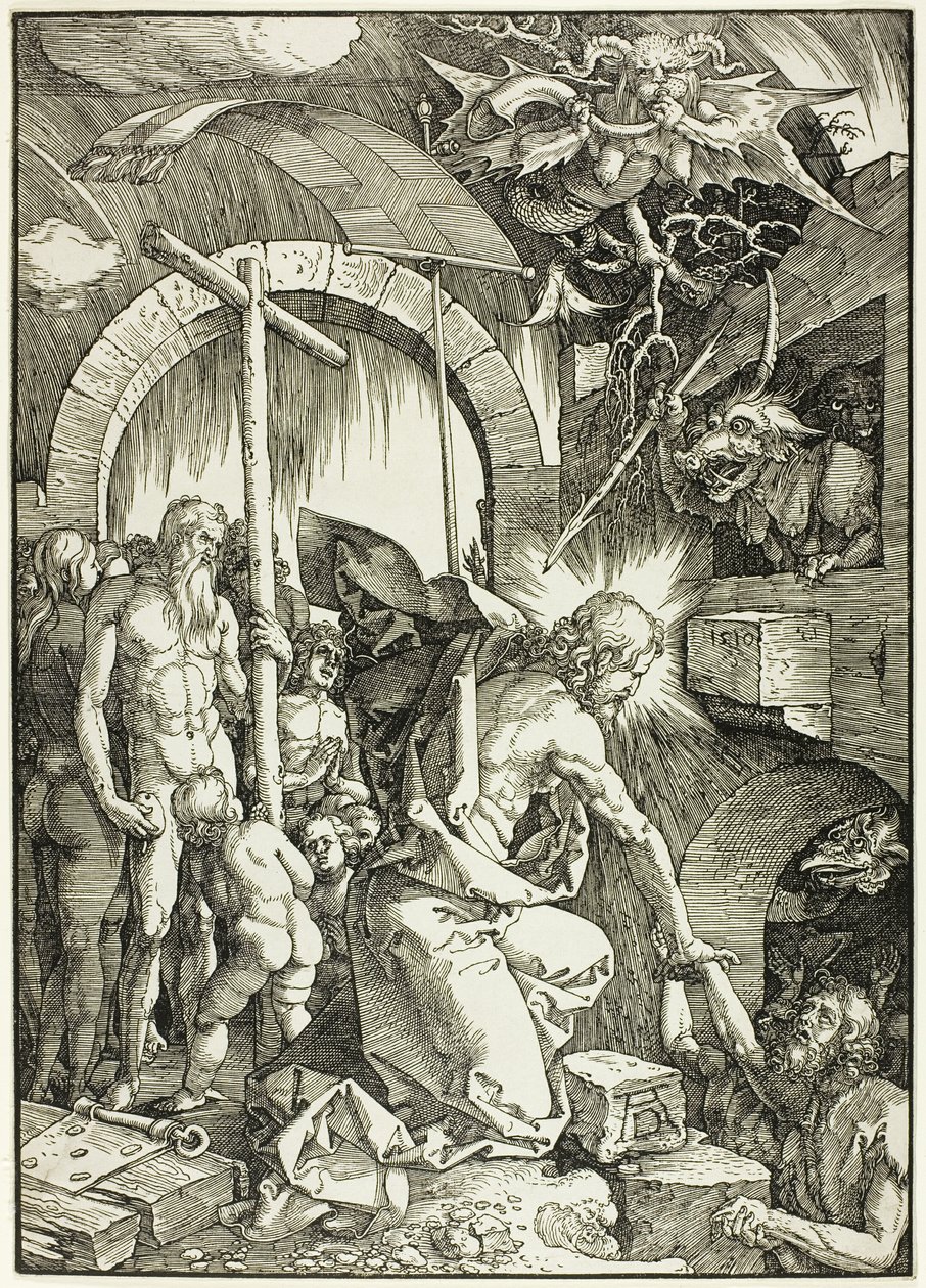De afdaling naar de hel - Christus in het voorgeborchte, plaat negen uit De Grote Passie door Albrecht Dürer