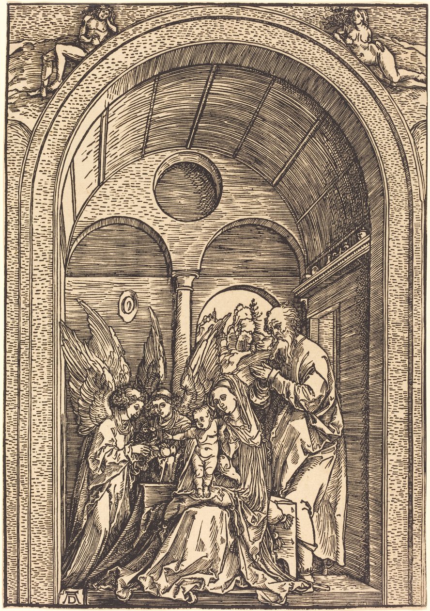 De Heilige Familie met twee engelen in een gewelfde hal door Albrecht Dürer