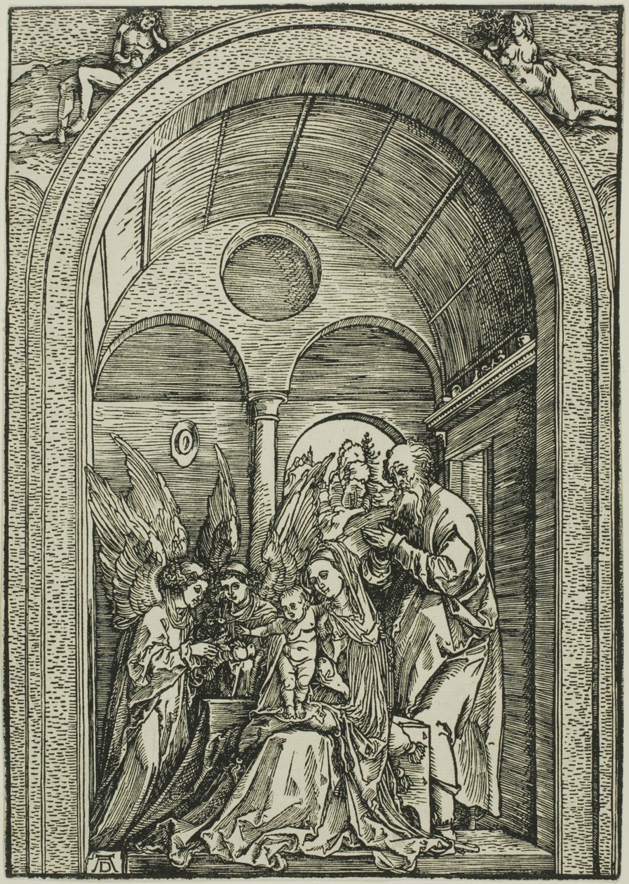 De Heilige Familie met twee engelen in een gewelfde hal door Albrecht Dürer