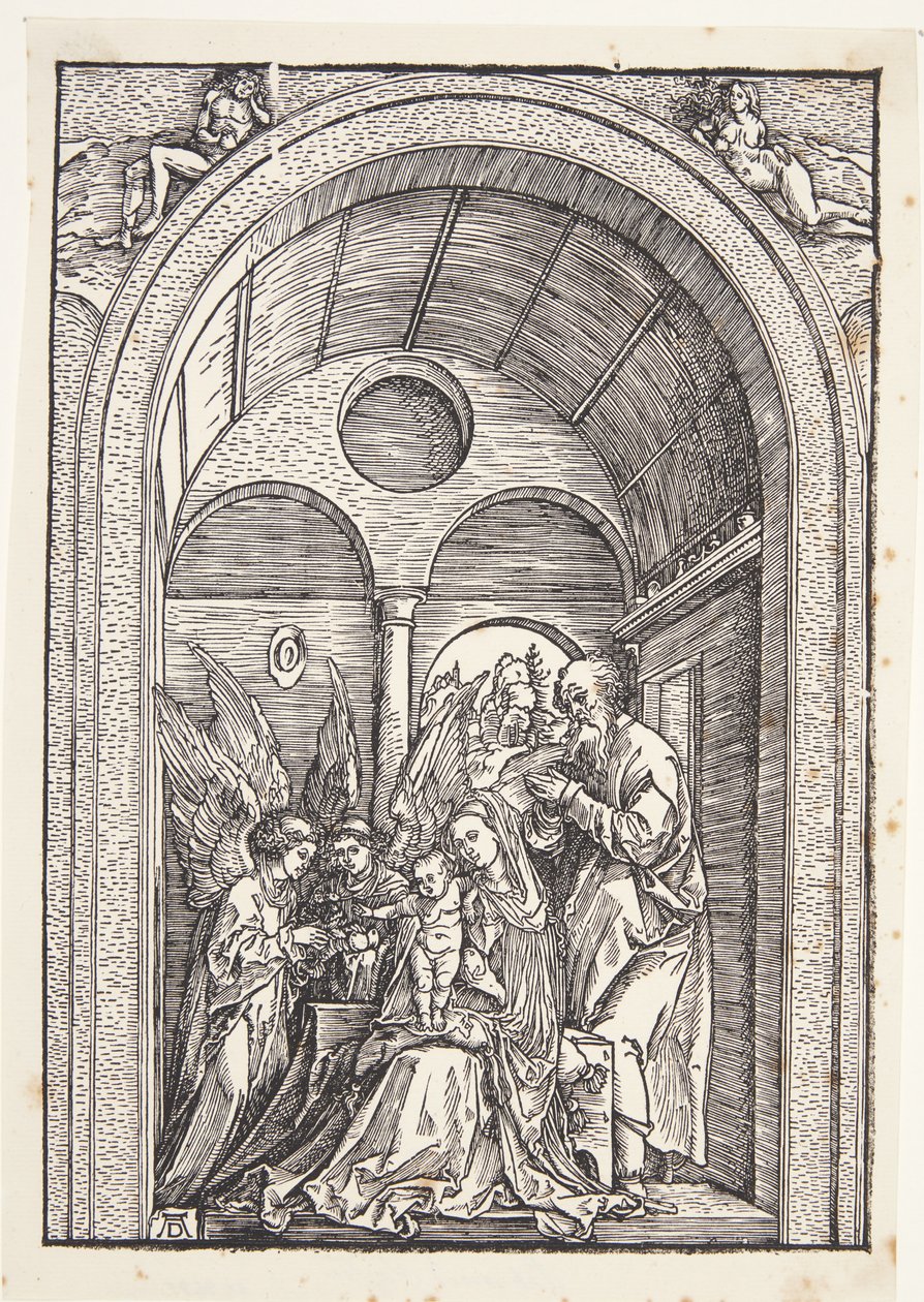 De Heilige Familie met twee engelen in een gewelfde hal door Albrecht Dürer