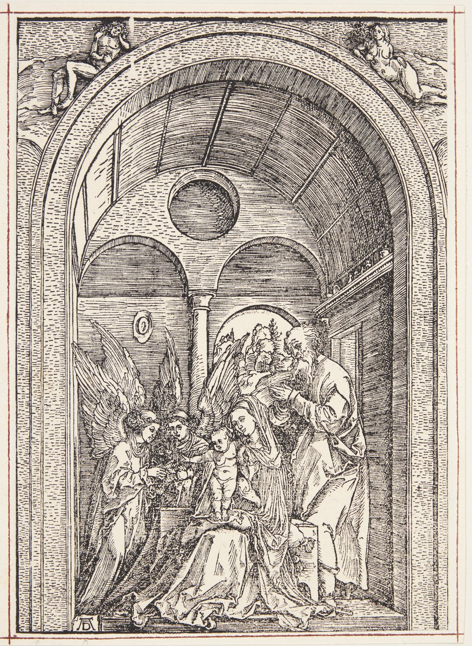 De Heilige Familie met twee engelen in een gewelfde hal door Albrecht Dürer