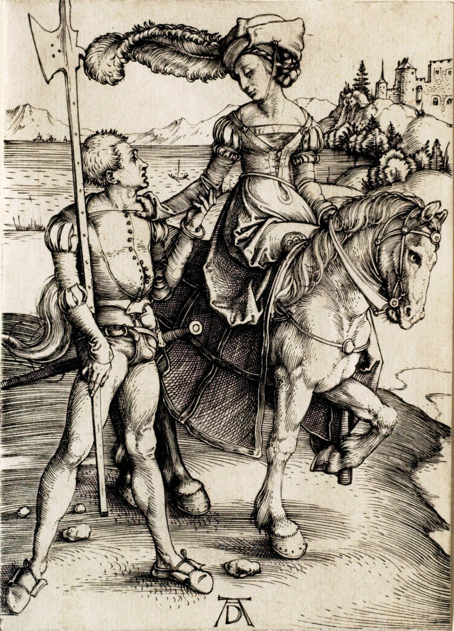 De dame te paard met de hellebaardier door Albrecht Dürer
