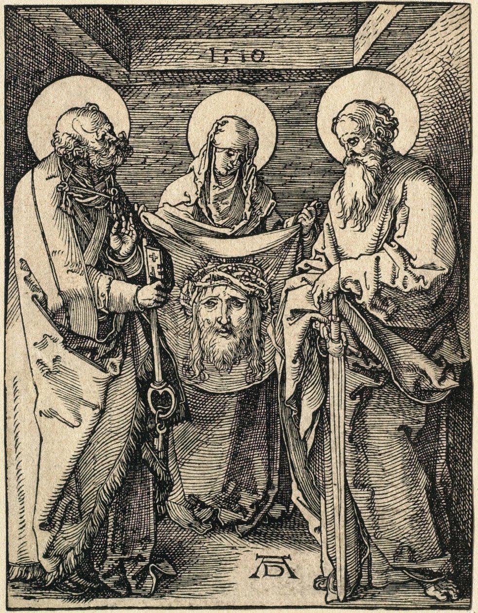 De Kleine Passie: Veronica tussen de heiligen Petrus en Paulus door Albrecht Dürer