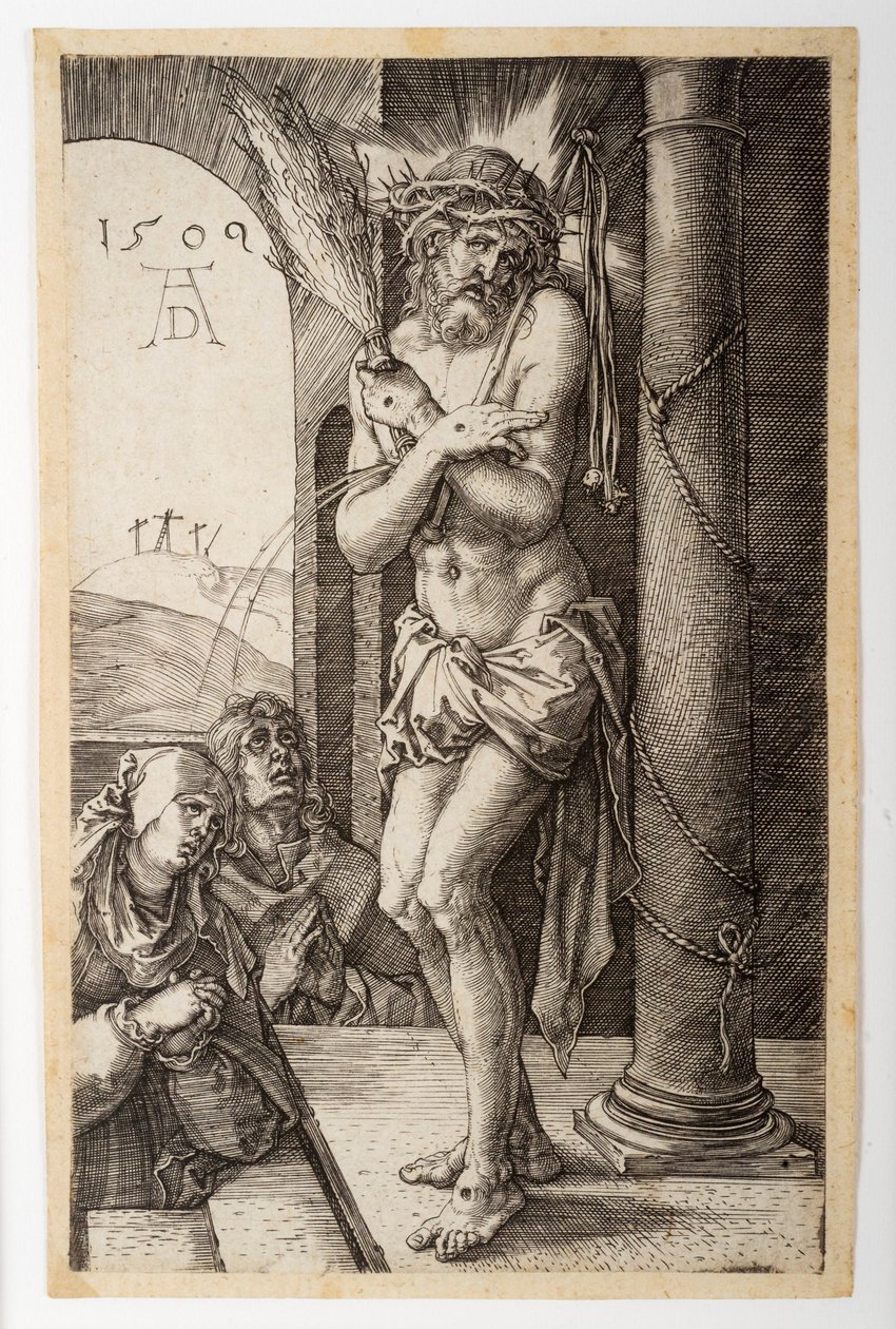 De Man van Smarten bij de Zuil met de Maagd en St. Johannes, uit de Gegraveerde Passie door Albrecht Dürer
