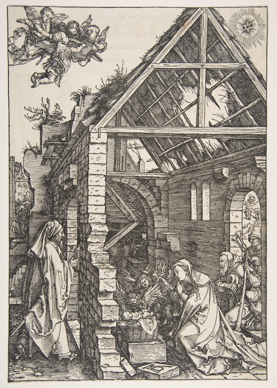 De geboorte van Christus, uit Het leven van de Maagd, Latijnse uitgave, 1511 door Albrecht Dürer