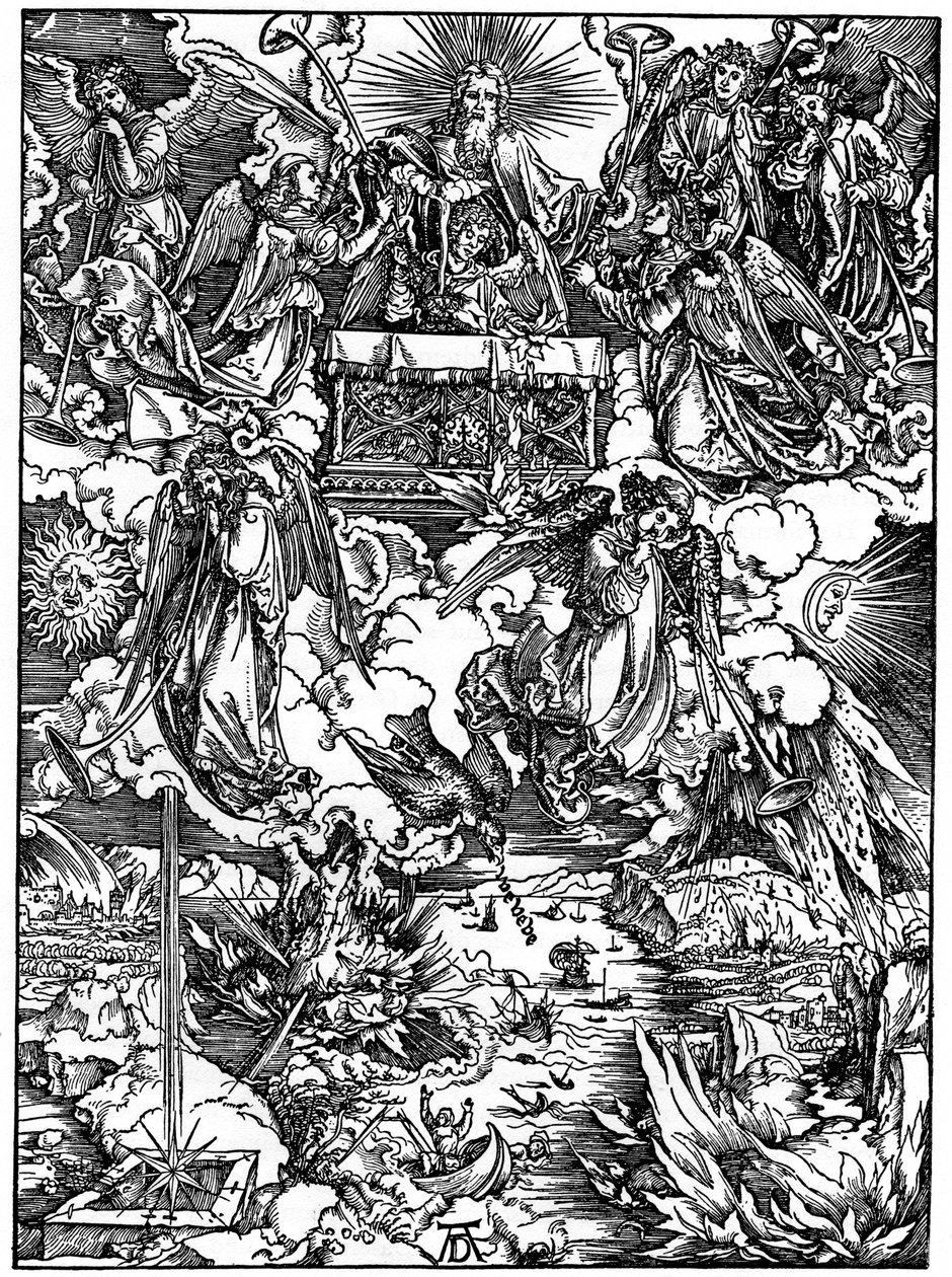 De opening van het zevende zegel, De zeven engelen met de trompetten, 1498, 1936 door Albrecht Dürer