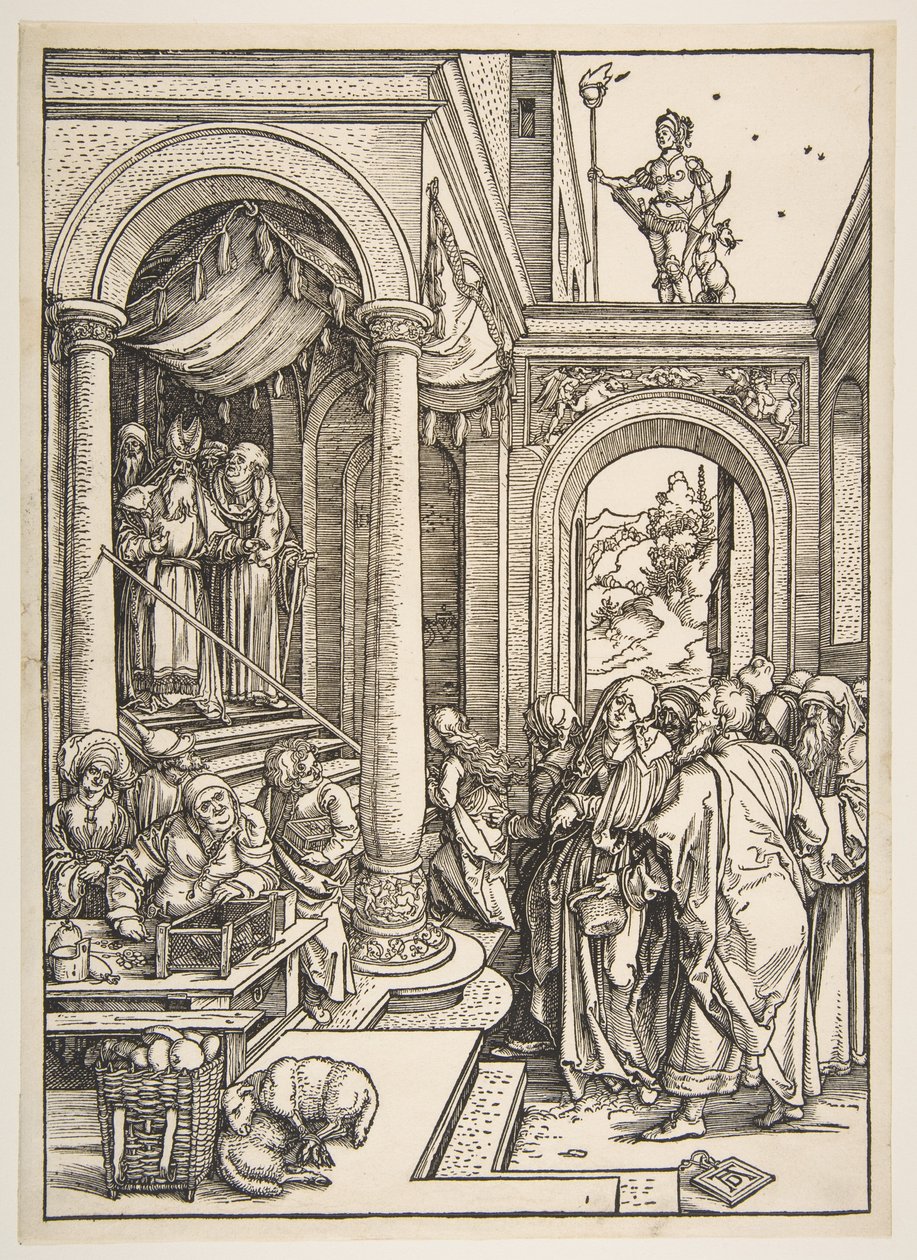 De opoffering van de Maagd in de tempel, uit „Het leven van de Maagd“ door Albrecht Dürer