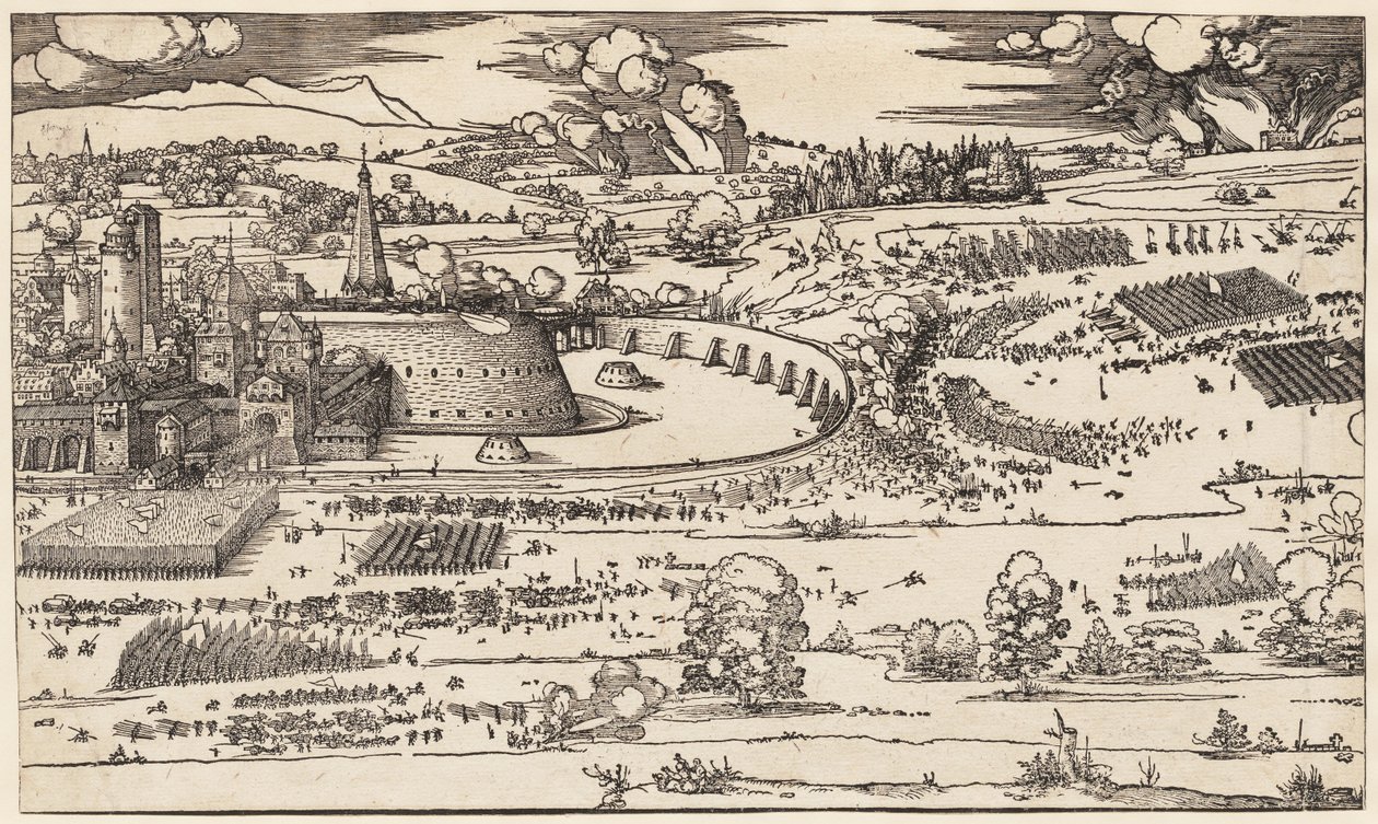 De belegering van een vesting (alleen linkerzijde, van 2 blokken) door Albrecht Dürer