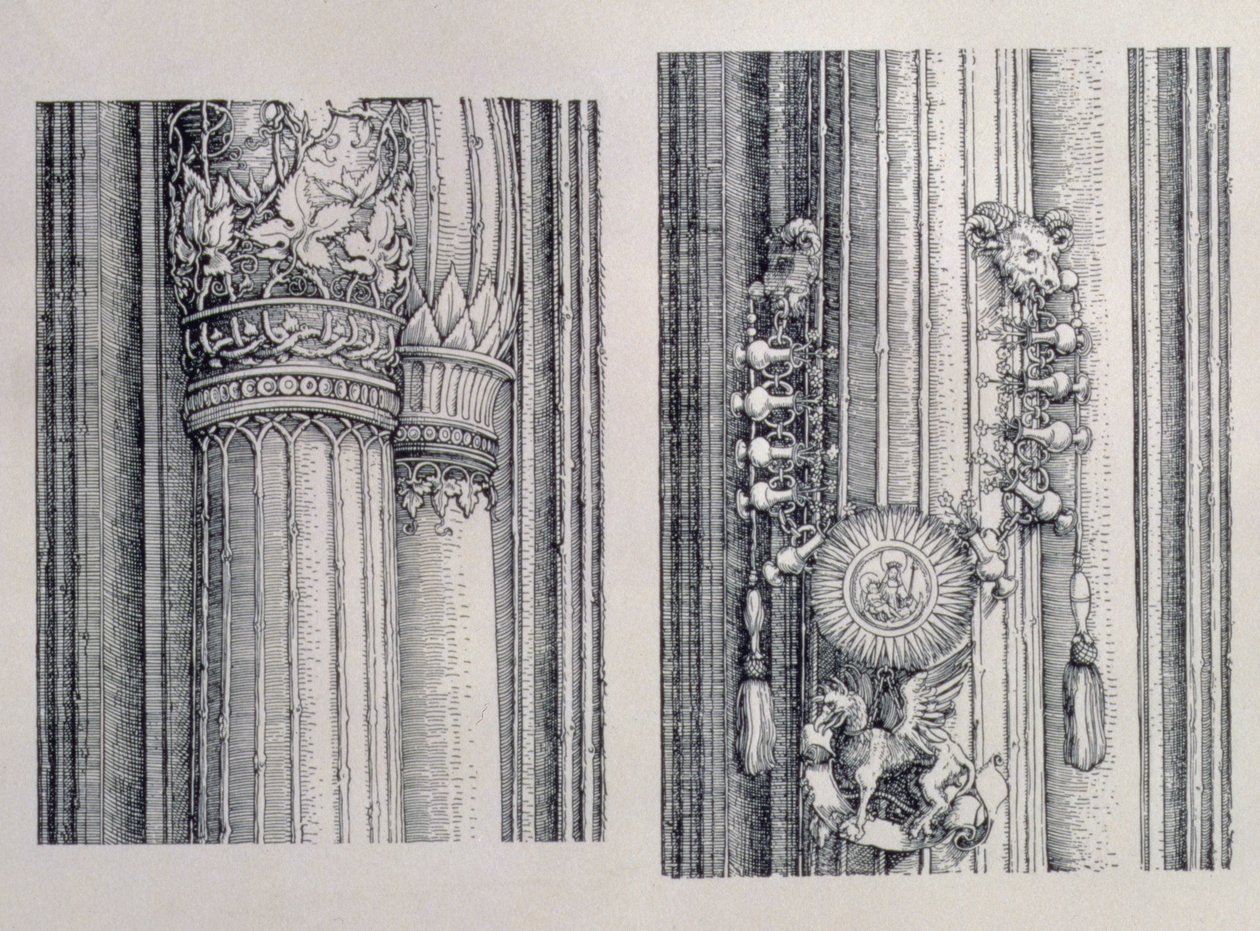 De Triomfboog van Keizer Maximiliaan I van Duitsland (1459-1519): twee details van de centrale Poorten van Eer en Macht met linkerzuil en kapiteelversieringen, gedateerd 1515, uitgegeven 1517-18 door Albrecht Dürer