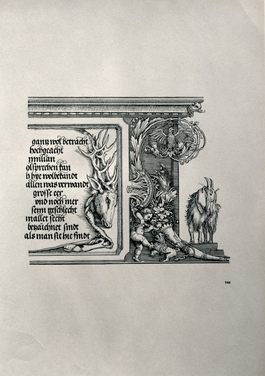 De Triomfboog van Keizer Maximiliaan I van Duitsland: detail van een hertenhuid met een inscriptie en een geit door Albrecht Dürer