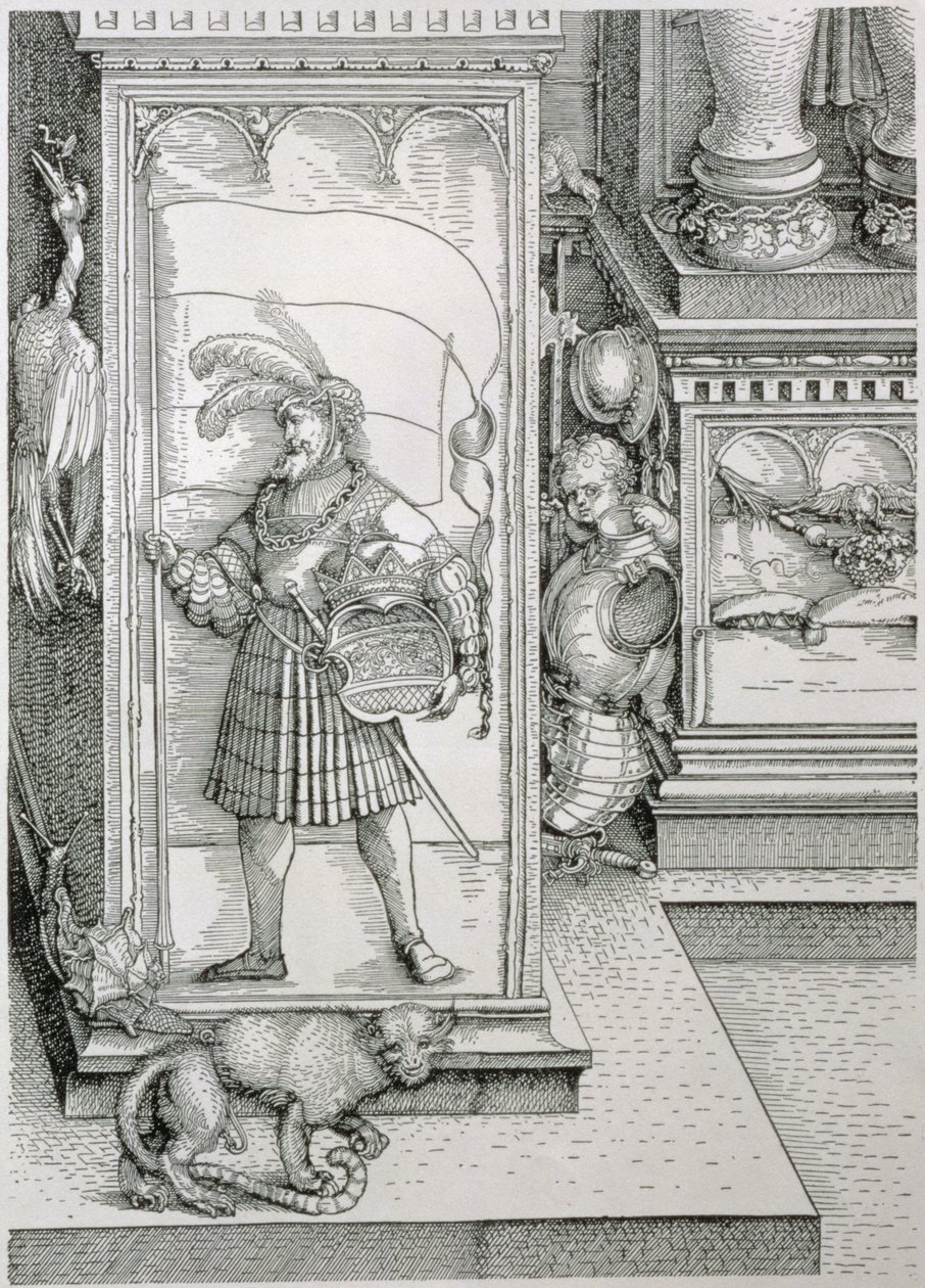 De Triomfboog van Keizer Maximiliaan I van Duitsland: detail van een portaalzuil met een reliëf van een man met een standaard en een gekroond wapen door Albrecht Dürer