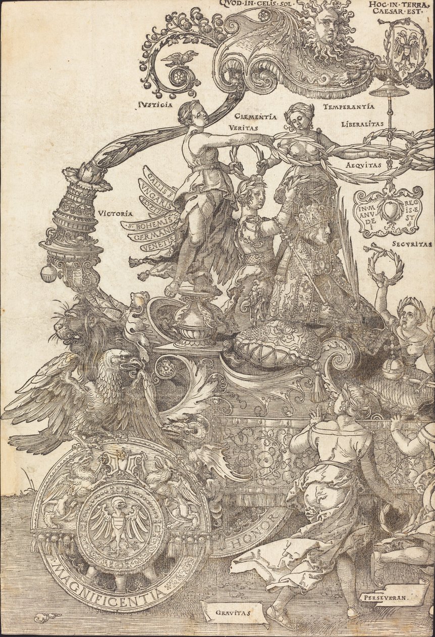 De triomfwagen van Maximiliaan I De grote triomfwagen [plaat 1 van 8], 1523 Latijnse editie door Albrecht Dürer