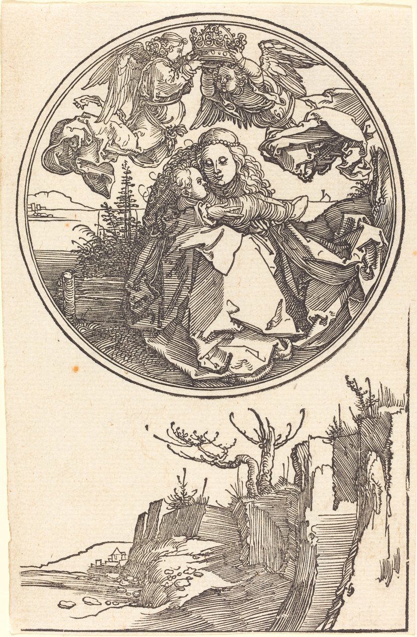 De Maagd gekroond door twee engelen boven een landschap door Albrecht Dürer