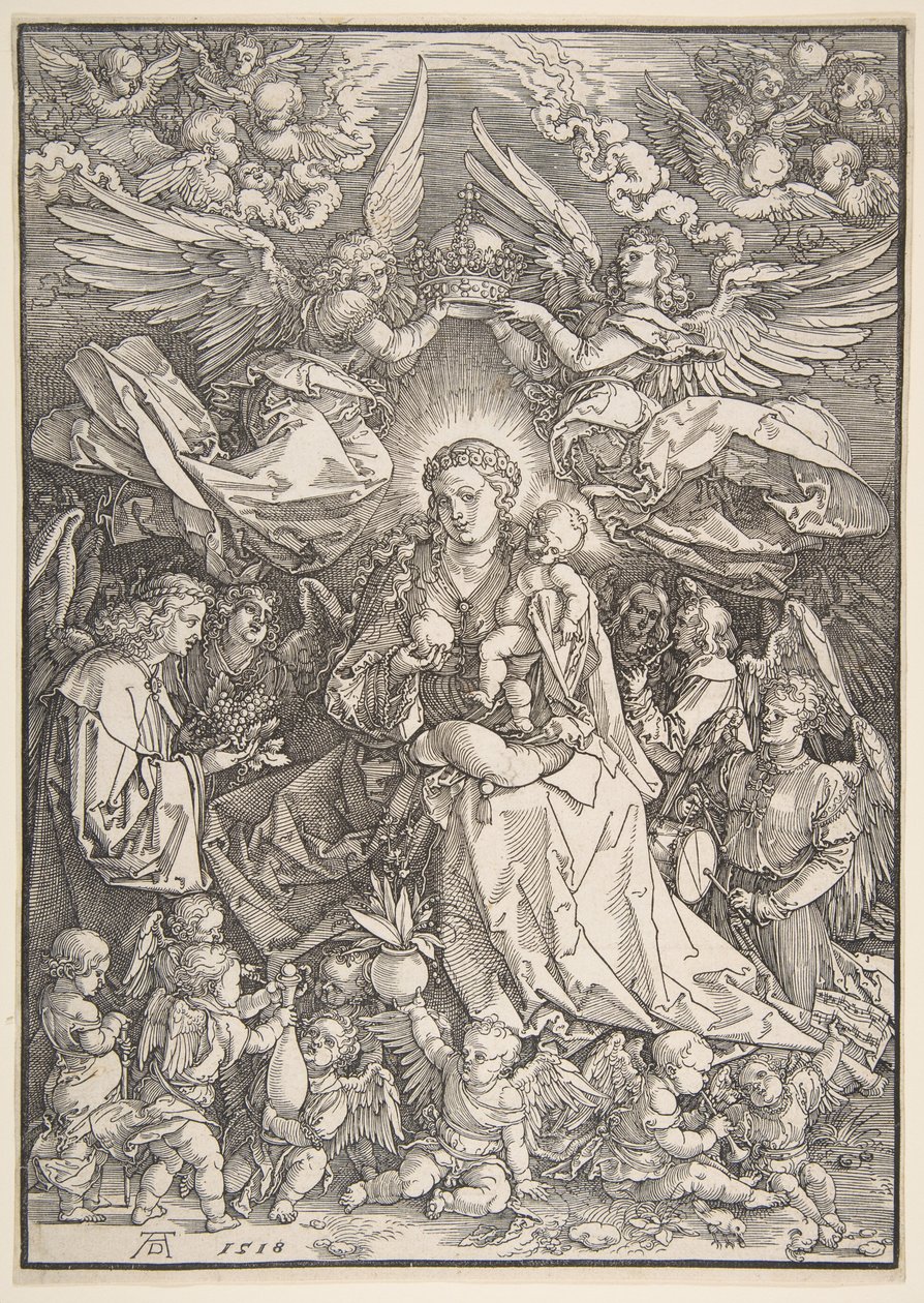 De Maagd, omringd door vele engelen door Albrecht Dürer