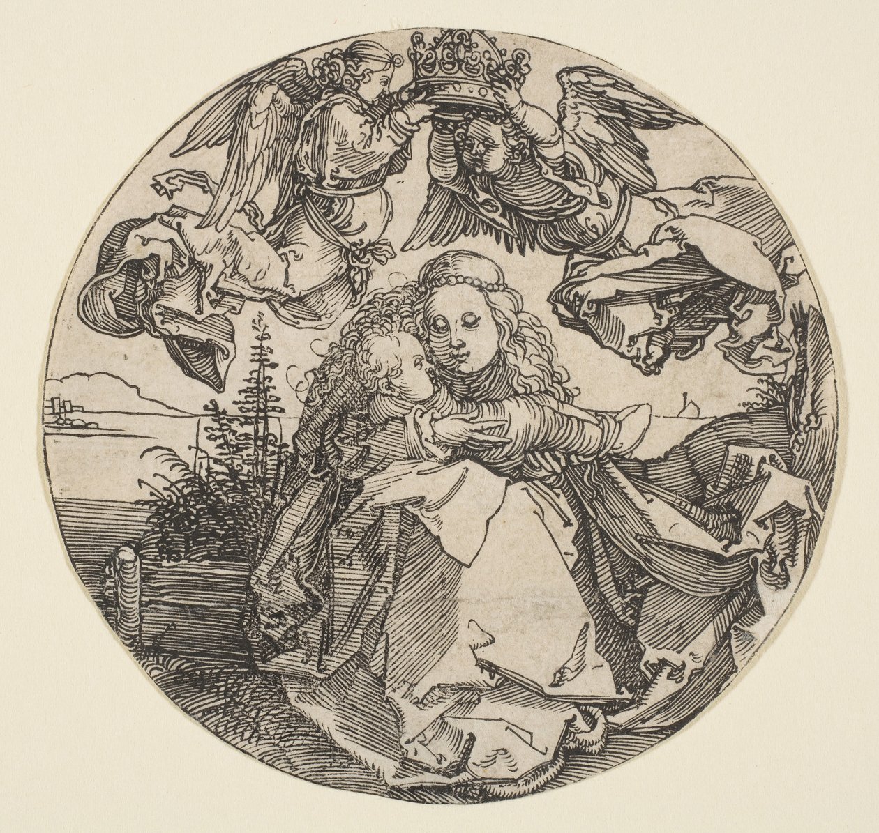 De Maagd en het Kind gekroond door twee engelen boven een landschap, ca. 1504 door Albrecht Dürer