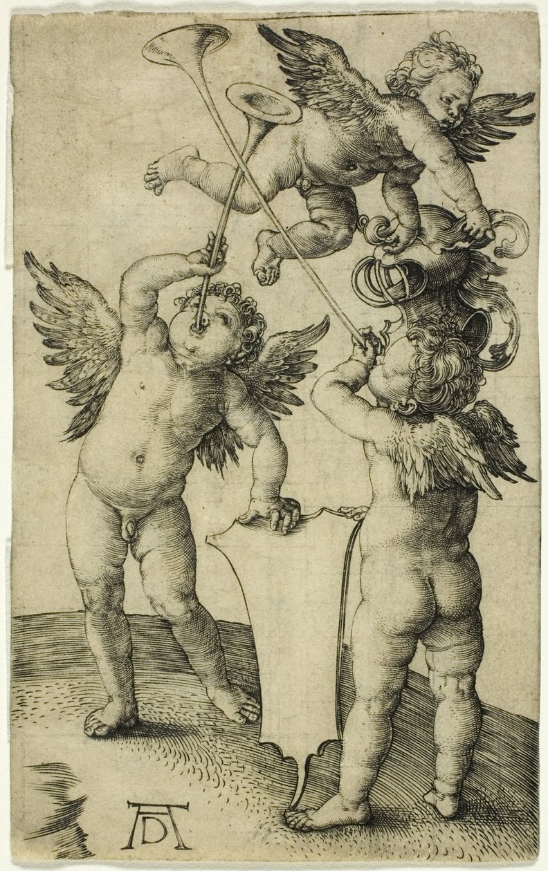 Drie putti met schild en helm door Albrecht Dürer