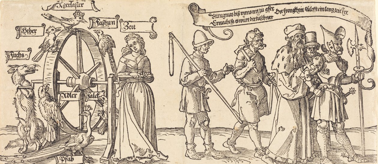 Tijd en een vos die het rad van fortuin draait met mensen van alle rangen aan de rechterkant, waarschijnlijk 1526 door Albrecht Dürer