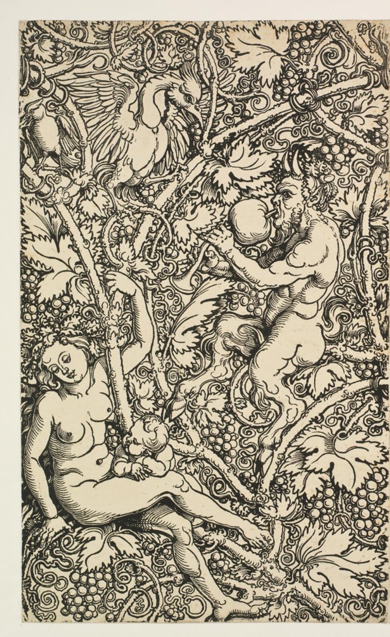 Twee ontwerpen voor wandtapijten met satyrfamilie door Albrecht Dürer