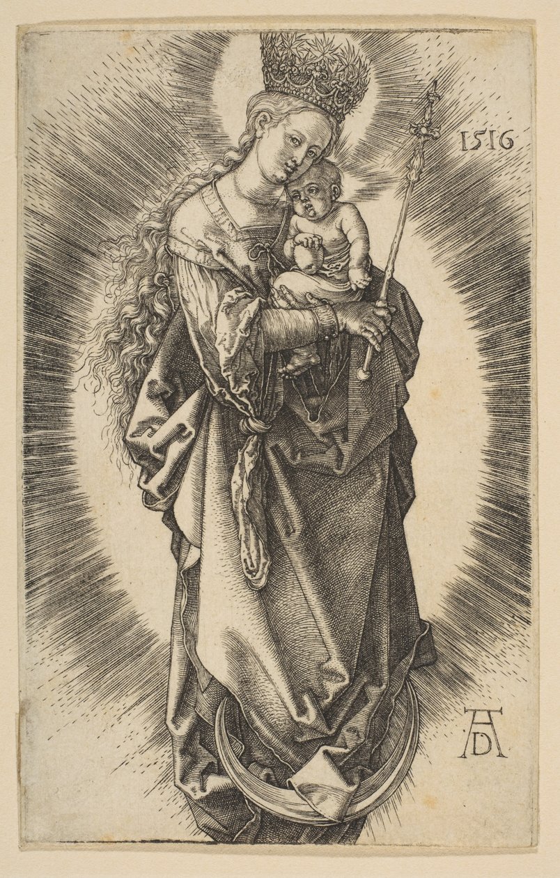 Maagd op de halve maan met scepter en sterrenkroon door Albrecht Dürer
