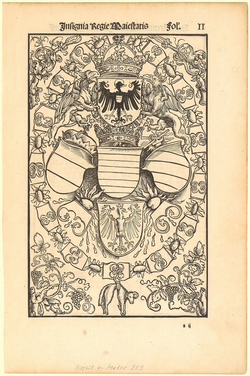 Wapen van Maximiliaan I als keizer van het Heilige Roomse Rijk [recto]; wapen van Florian Waldauf (Waldauff) van Waldenstein [verso] door Albrecht Dürer