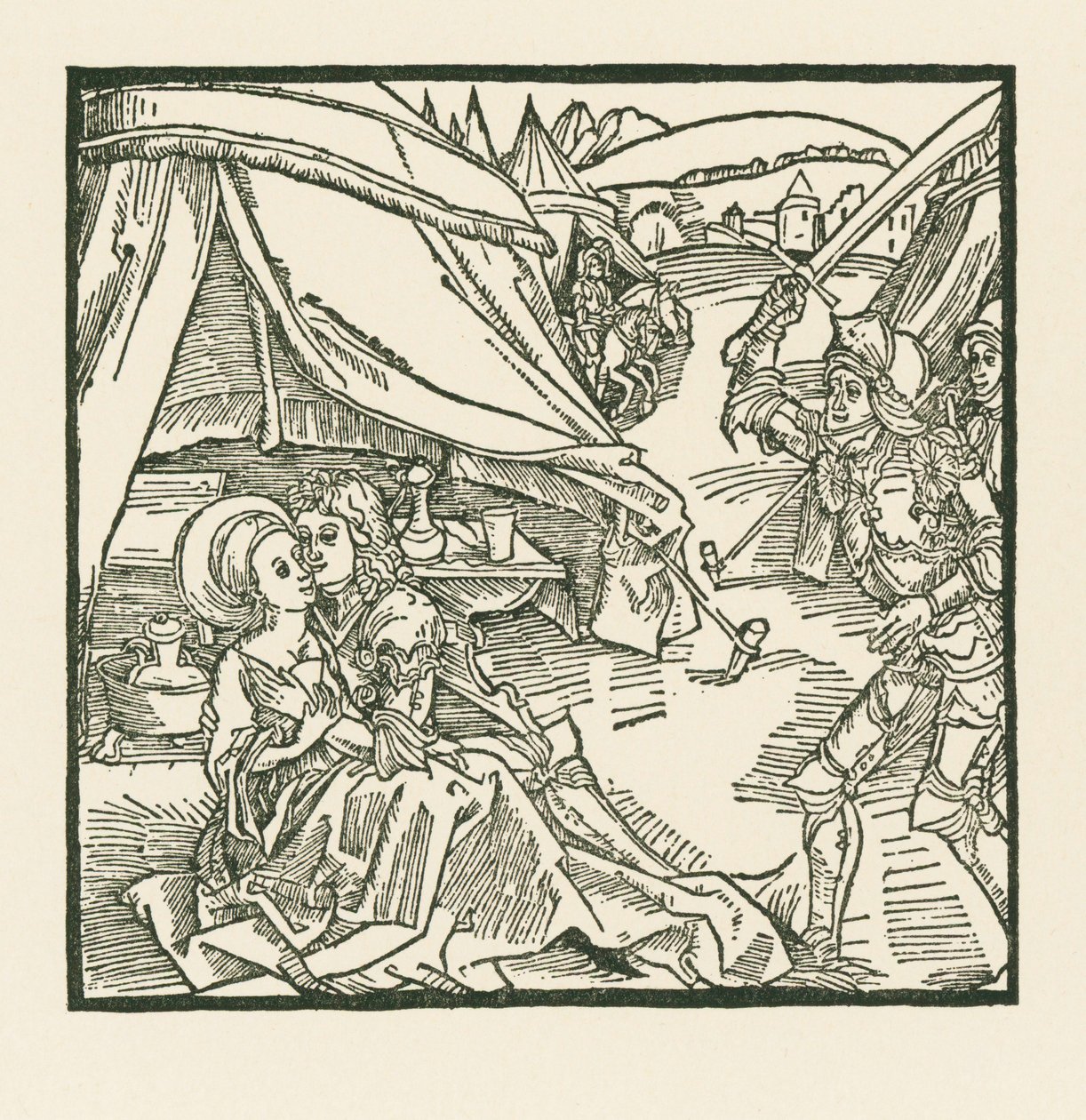 Een ridder uit het Israëlitische leger doodt een andere ridder die hij aantreft met een heidense minnares door Albrecht Dürer or Duerer