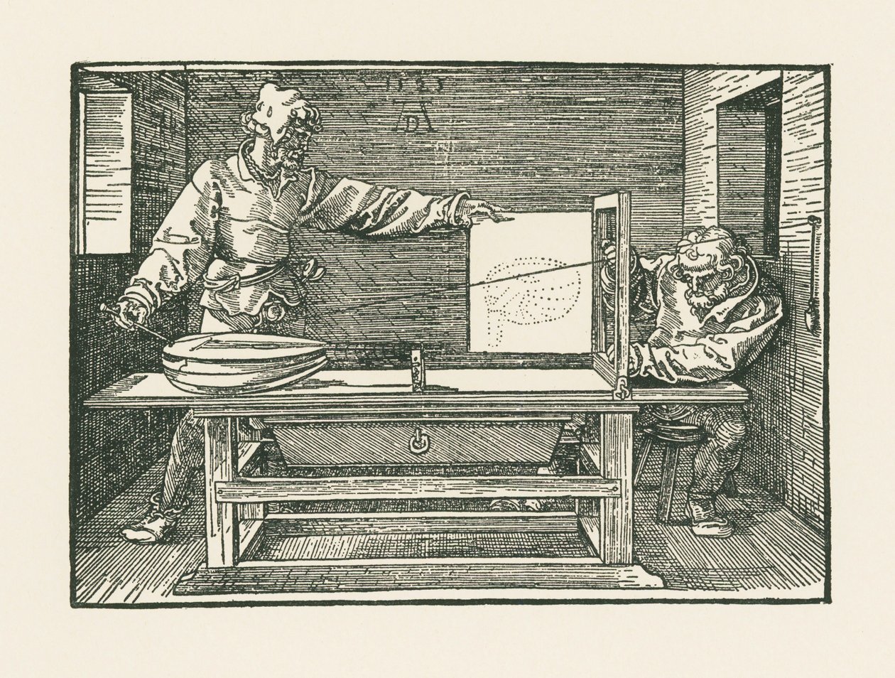 Een man die een luit trekt door Albrecht Dürer or Duerer