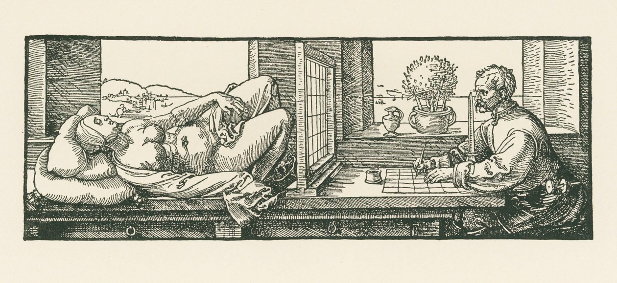 Een man tekent een liggende vrouw door Albrecht Dürer or Duerer