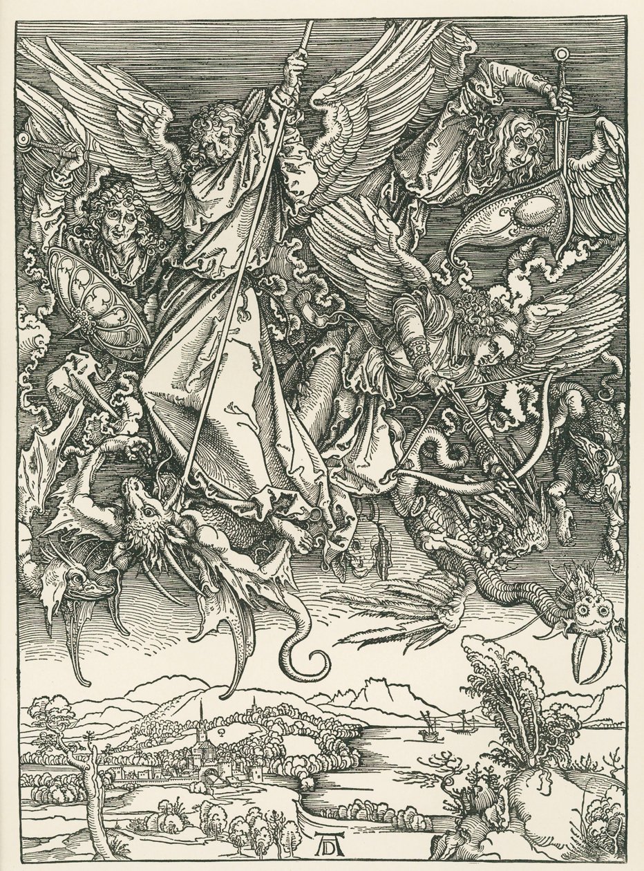 Aartsengel Michael vecht tegen de draak. De Openbaring van Johannes, c.1498 (houtsnede) door Albrecht Dürer or Duerer