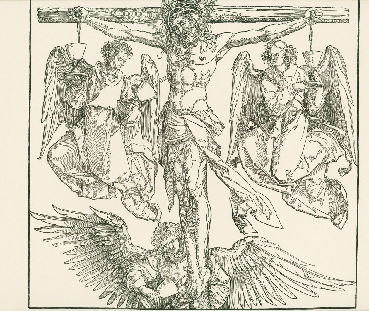 Christus aan het kruis met drie engelen, c.1513 (houtsnede) door Albrecht Dürer or Duerer