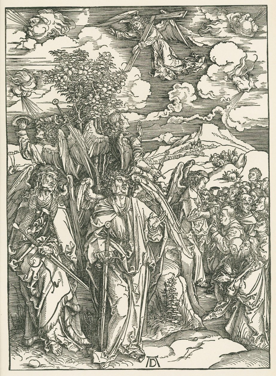 Vier engelen die de winden tegenhouden en de ondertekening van de uitverkorenen. De Openbaring van Johannes, ca. 1497-98 (houtsnede) door Albrecht Dürer or Duerer