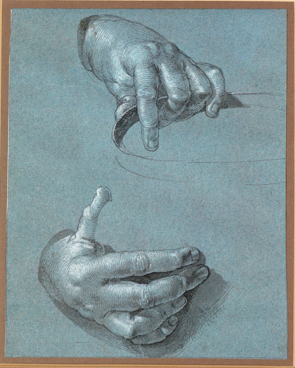 Handen - Twee studies (krijttekening op blauw papier) door Albrecht Dürer or Duerer