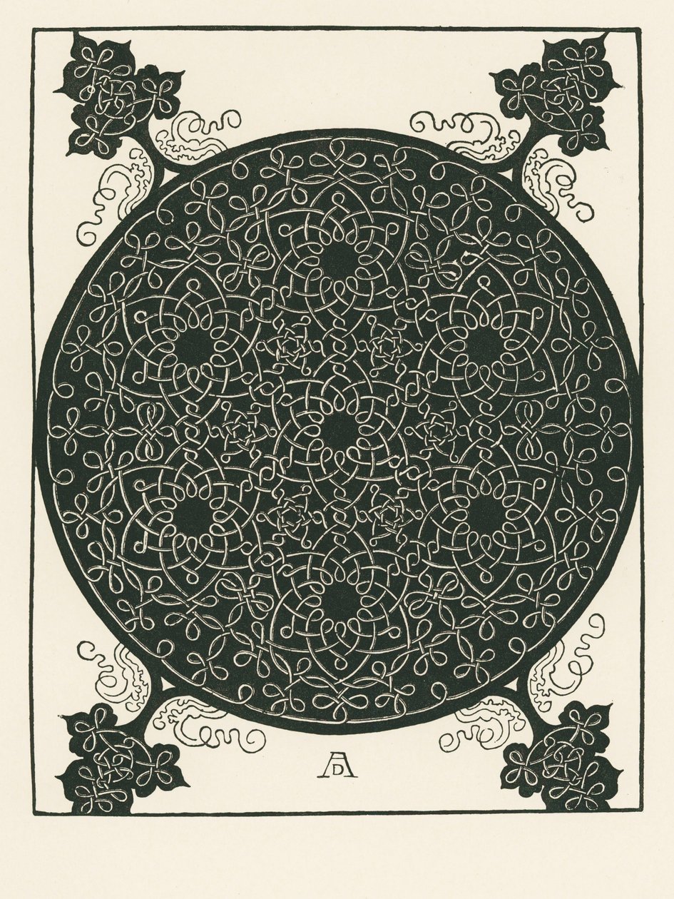 Knoop met kleine zwarte cirkel in het midden die zes keer wordt herhaald door Albrecht Dürer or Duerer