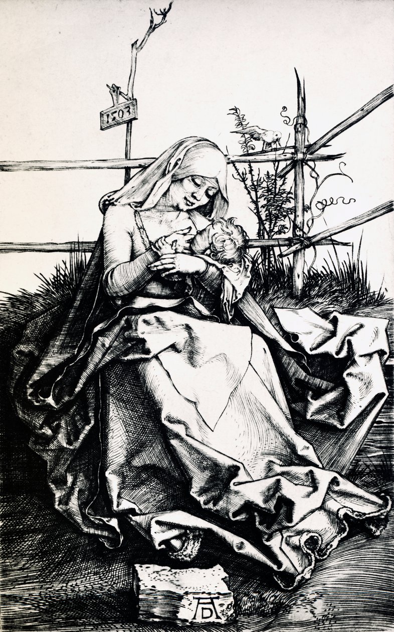 Madonna en Kind in een hek (gravure op koper) door Albrecht Dürer