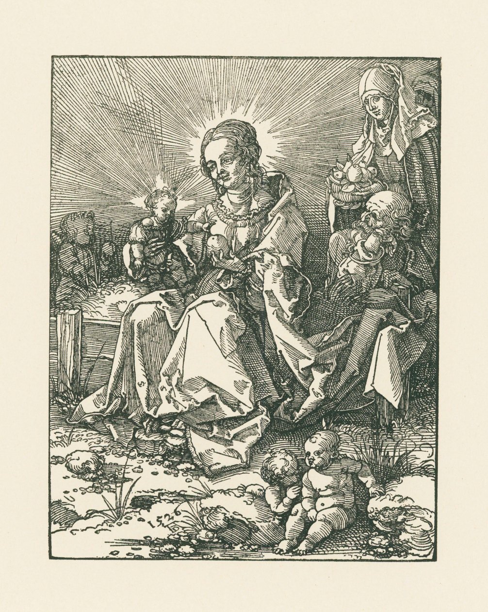 Madonna op een grasachtige oever met Sint Jozef en Sint Anna door Albrecht Dürer or Duerer