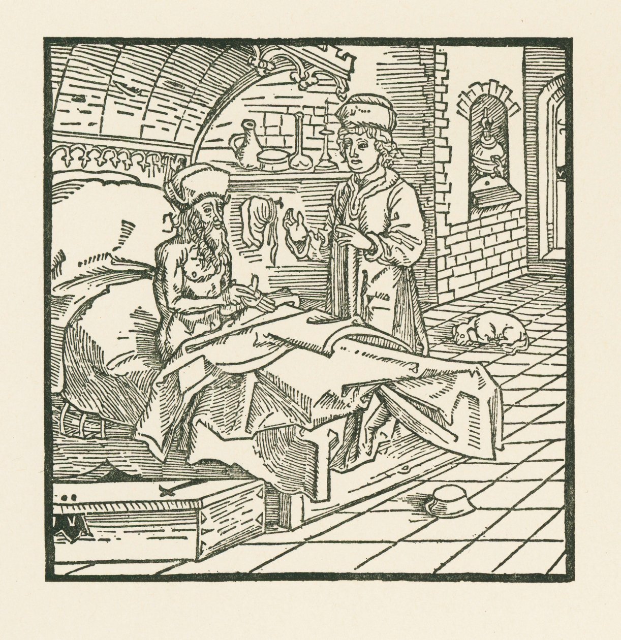 Meester Cato geeft op zijn sterfbed goede instructies aan zijn zoon door Albrecht Dürer or Duerer