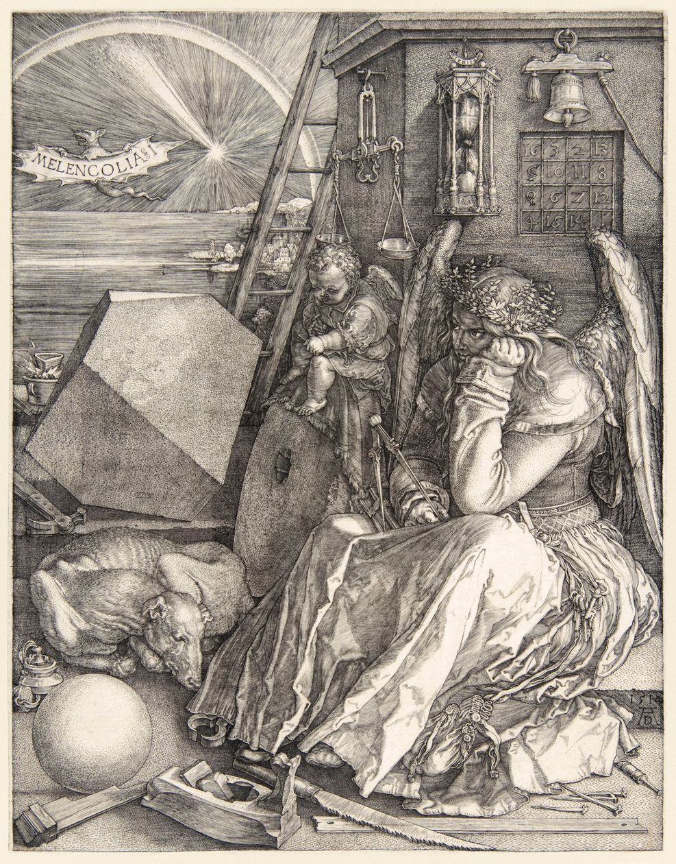 Melencolia I door Albrecht Dürer (1471-1528), een van zijn drie meestergravures voltooid in 1514 door Albrecht Dürer