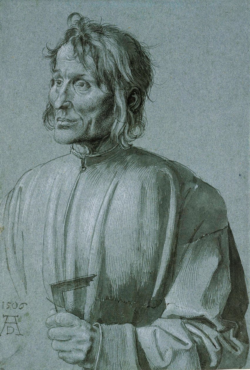 Portret van een architect (Hieronimus von Augsburg) - Tekening door Albrecht Durer (1471-1528), Pen, penseel, zwarte inkt en witte kleur op donkerblauw papier 1506 - Staatliche Museen, Berlijn door Albrecht Dürer