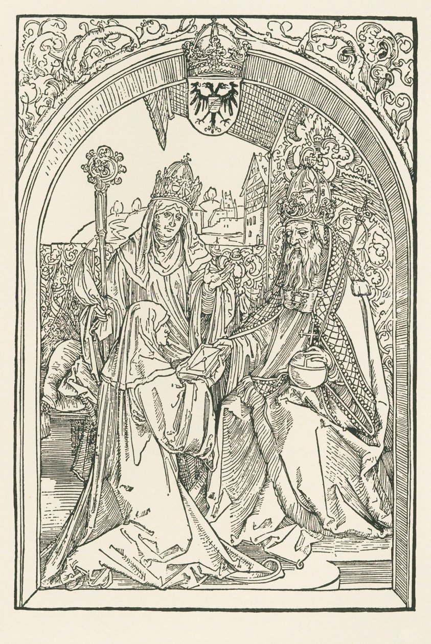 Roswitha presenteert in aanwezigheid van haar nicht Gerba, de abdis van Gandersheim, haar werken aan keizer Otto I door Albrecht Dürer or Duerer