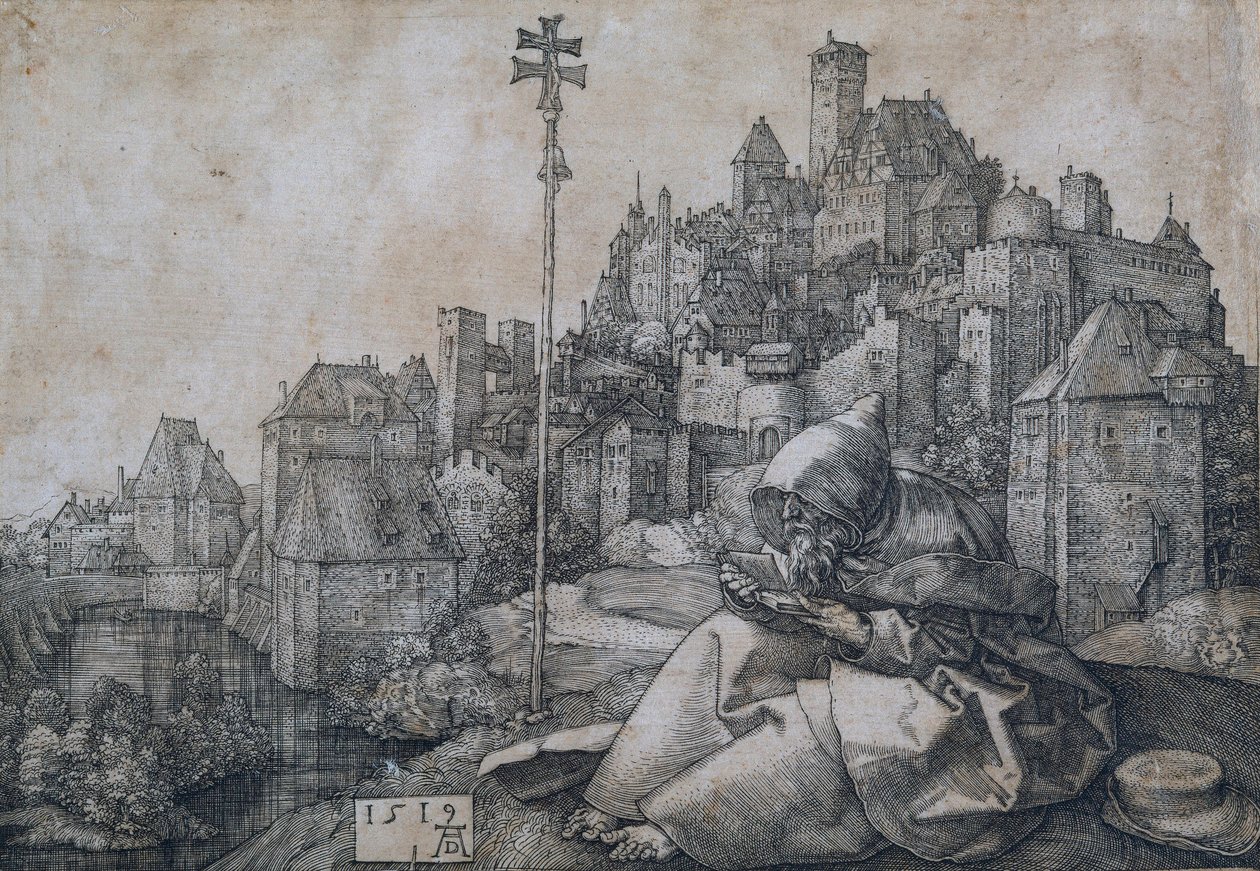 Sint Antonius zittend tegenover een stad door Albrecht Dürer