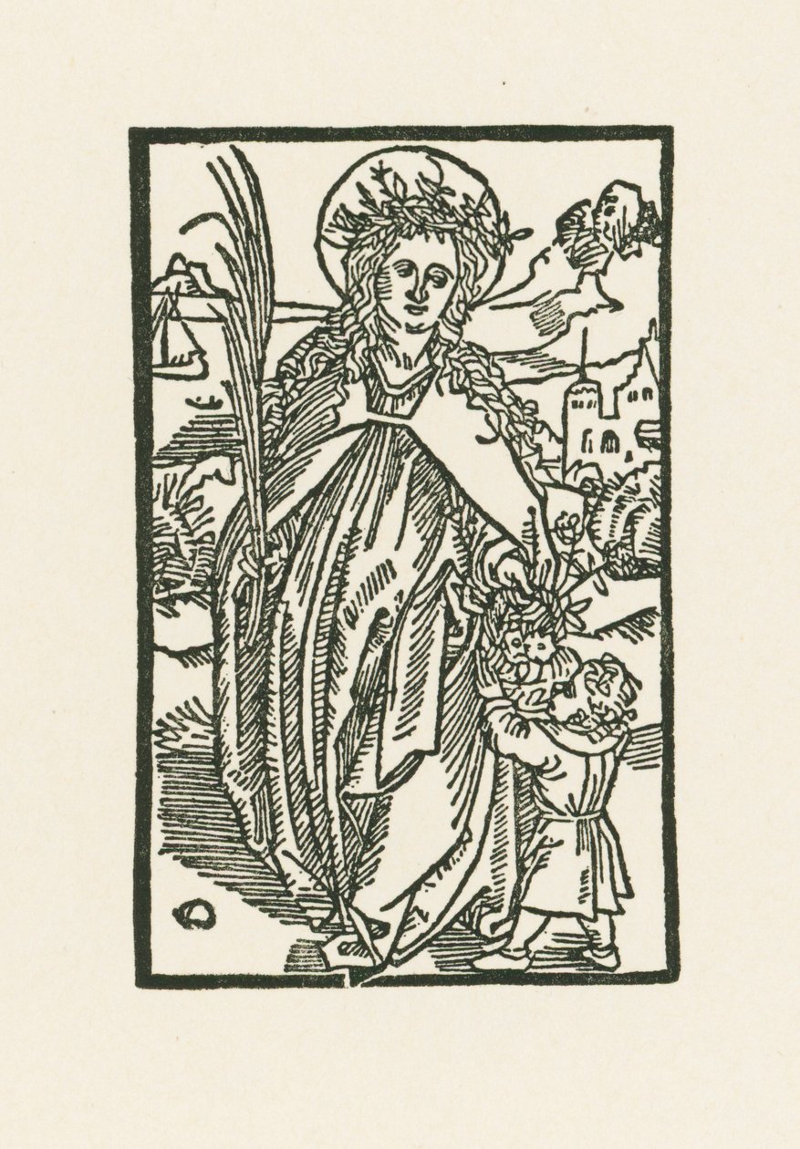 Heilige Dorothea. Illustratie bij Hortulus Anime. Gedrukt door Michael Furter, Bazel door Albrecht Dürer or Duerer