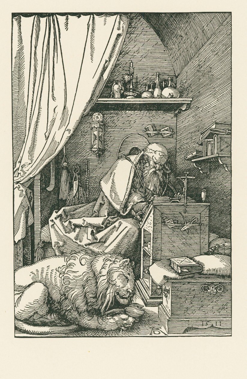 De heilige Hiëronymus in zijn cel door Albrecht Dürer or Duerer