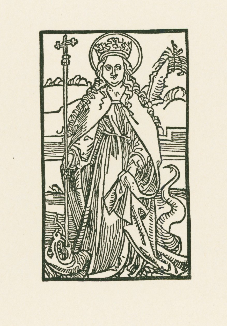 Heilige Margaretha. Illustratie bij Hortulus Anime. Gedrukt door Michael Furter, Bazel door Albrecht Dürer or Duerer
