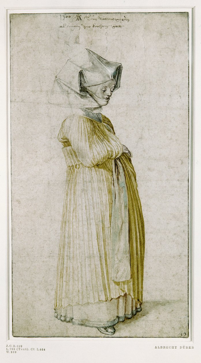 Studie van een vrouwenkostuum (gekleurde tekening) door Albrecht Dürer or Duerer